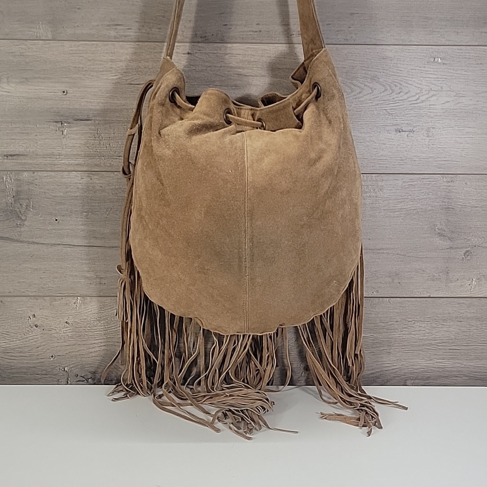 Raj for Anthropologie Boho Fringe Suede Bucket Crossbody Bag - Tan - Picture 3 of 12